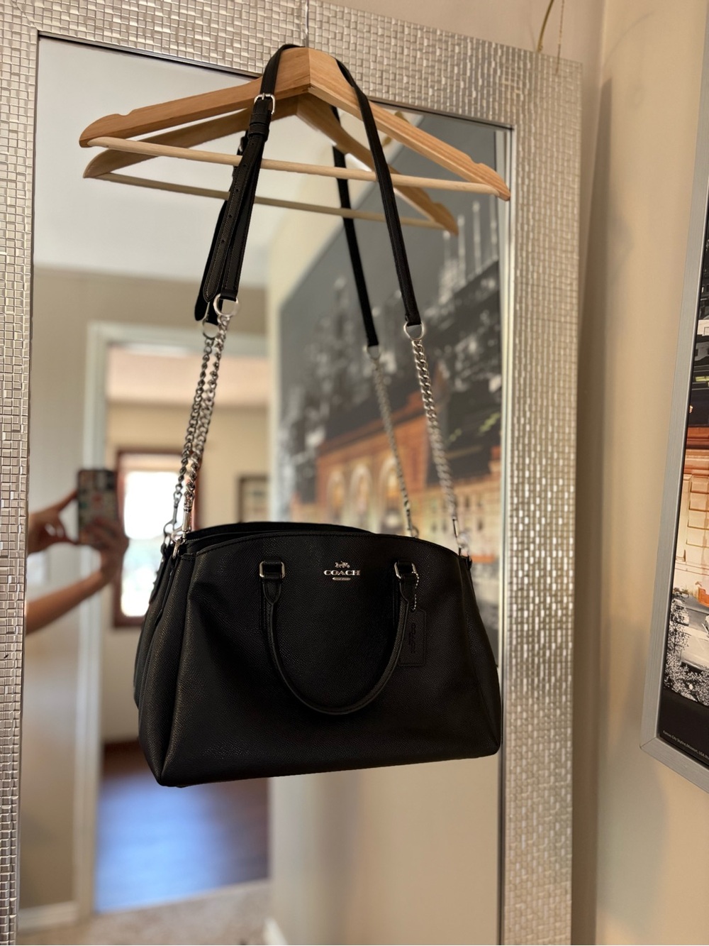 COACH Black Pebbled Leather Satchel with Silver Chain Strap - Picture 2 of 3